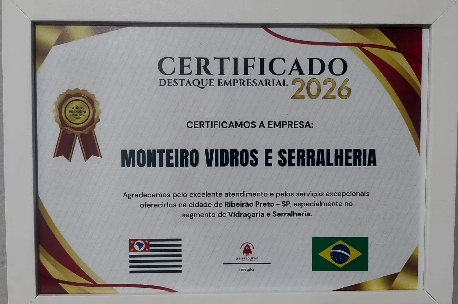 Certificado Destaque Empresarial 2026 da Monteiro Vidros e Serralheria